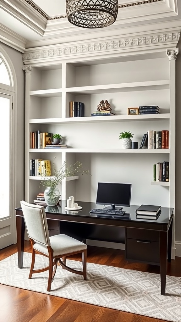 A stylish home office featuring balustrade style shelving with books and decorative elements, emphasizing Greek architecture aesthetics.