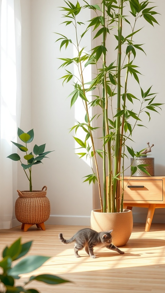 A bright room featuring a tall bamboo plant and a playful cat.