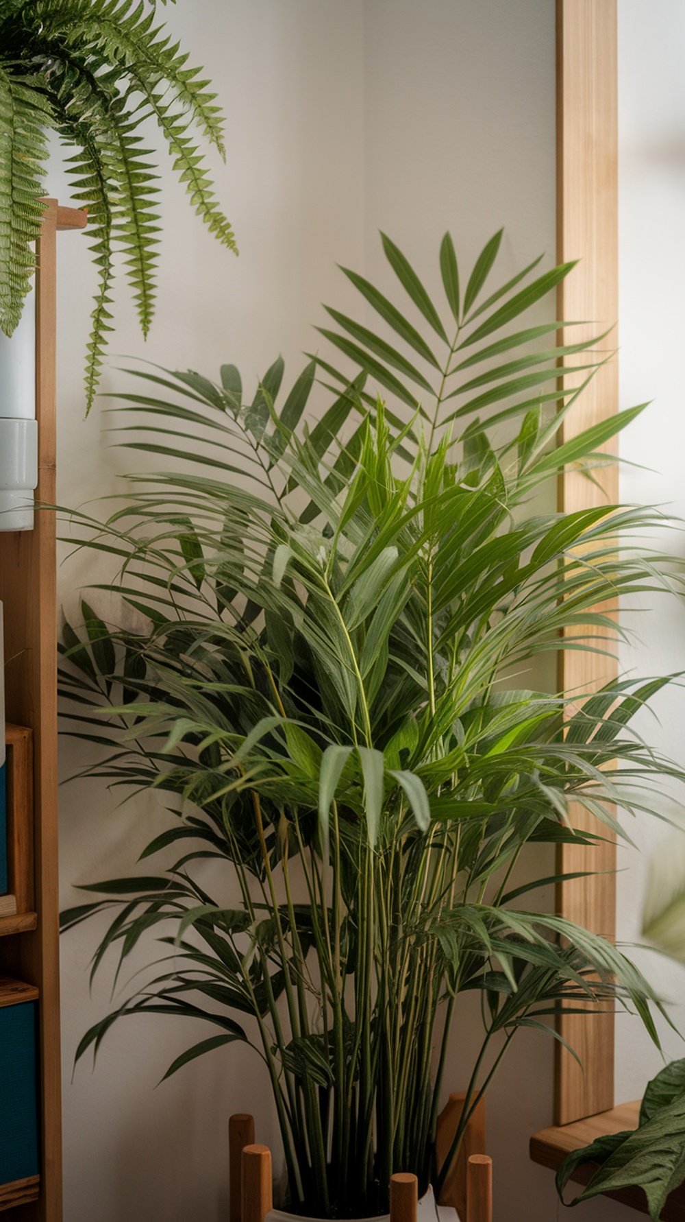 Bamboo Palm in a cozy corner, showcasing its green fronds and a stylish pot.