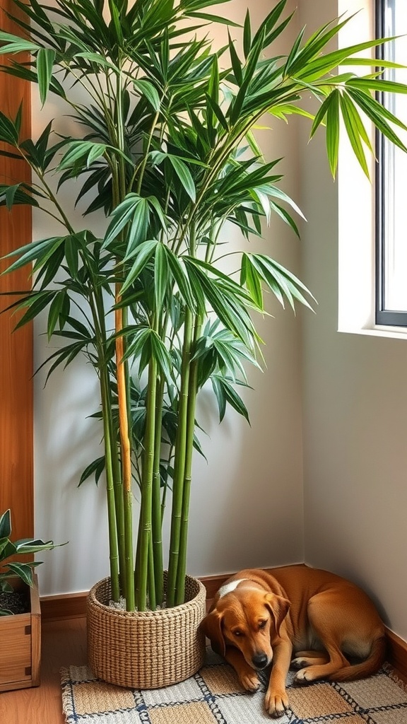 Bamboo Palm in a corner with two sleeping dogs.