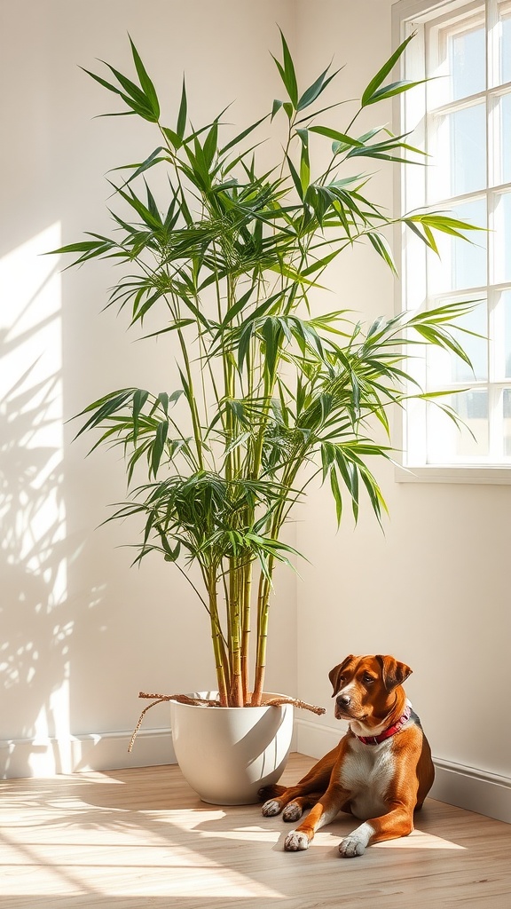 A Bamboo Palm in a bright room with a dog resting beside it.