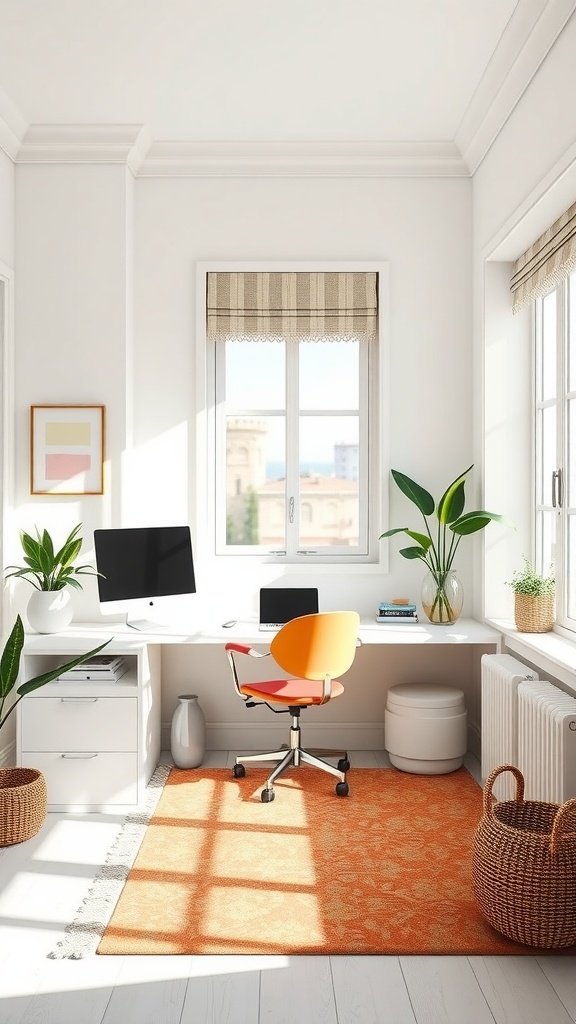Bright home office with wooden beams, plants, and modern desk.