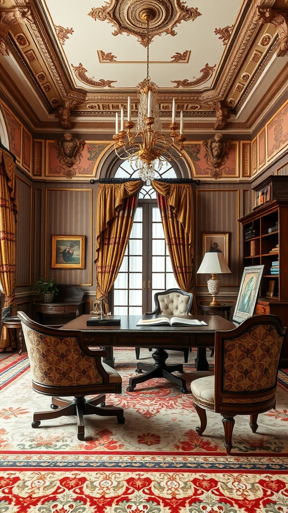 An opulent Baroque home office featuring intricate ceiling details, elegant drapes, and rich furnishings.