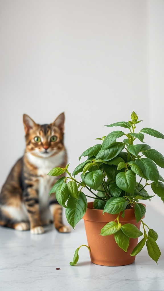 A vibrant basil plant in a pot with a cat in the background, showcasing a pet friendly house plant.