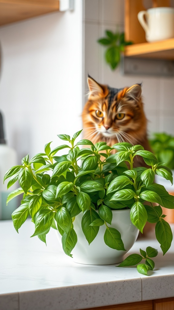 A vibrant basil plant in a white pot with a cat in the background
