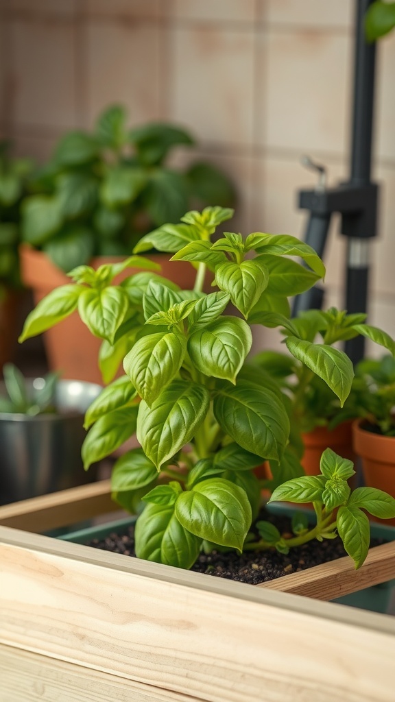 A vibrant basil plant growing in a kitchen garden setting with other plants in the background.