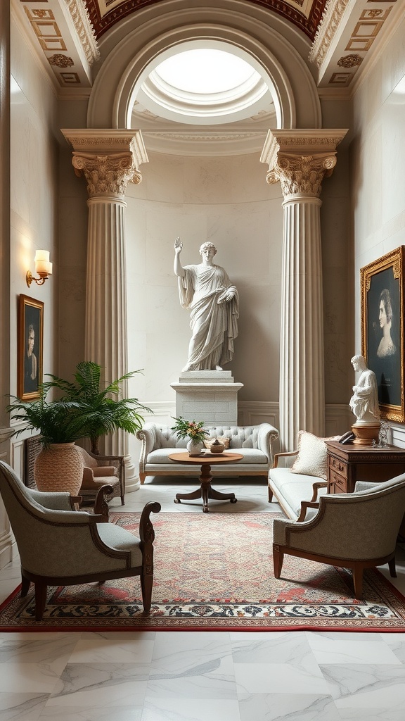 An elegant home office space featuring Roman architecture elements, including tall columns, a skylight, and classic furnishings.