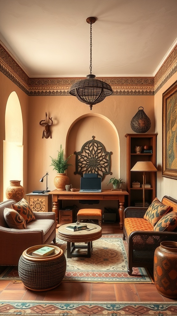 A cozy home office decorated in Berber style, featuring warm colors, intricate patterns, and natural materials, creating an inviting workspace.