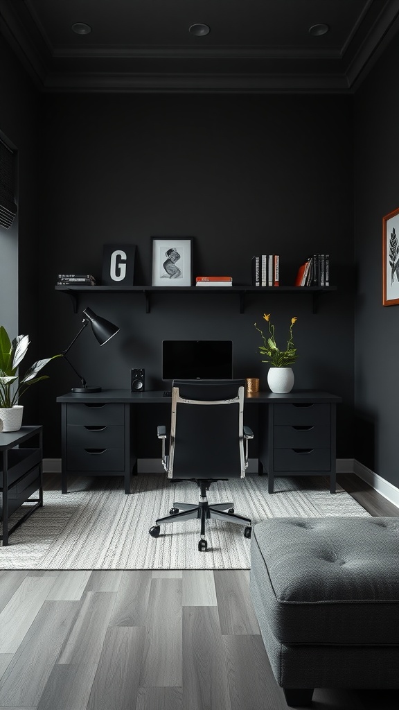 A modern masculine home office featuring black walls, a sleek desk, and white accents.