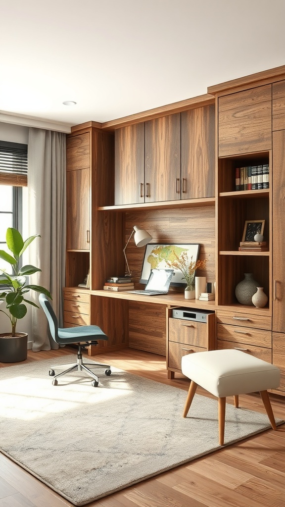 A modern rustic office space featuring a wooden desk, ergonomic chair, built-in shelving, and a cozy rug, designed for functionality and style.