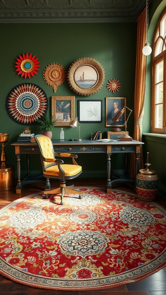 Cozy bohemian desk setup with olive green walls, colorful artwork, and an orange chair