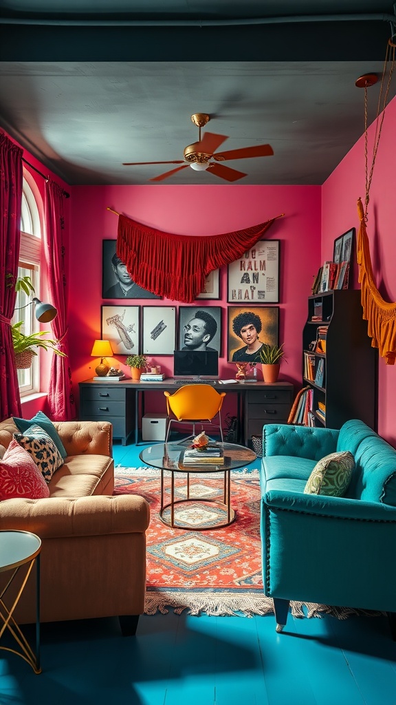 A vibrant Bohemian home office with pink walls, eclectic decor, and cozy seating.