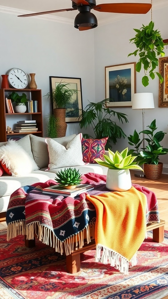 A cozy living room with a round coffee table, colorful textiles, and plants.
