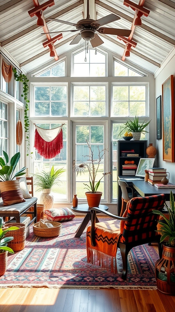 A bright bohemian-style sunroom with large windows, plants, and cozy seating.