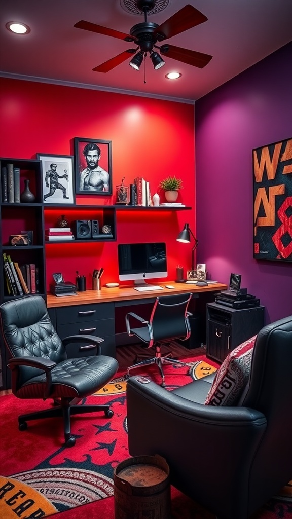 A vibrant home office featuring teal and yellow walls, black furniture, and a bright yellow chair, creating a bold and inviting workspace.