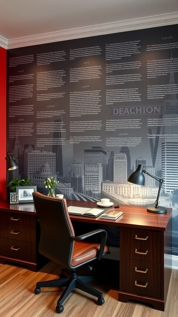 A home office featuring a bold red accent wall with a graphic mural, showcasing a stylish desk and office chair.