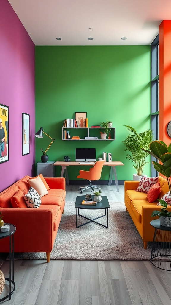 A vibrant living room featuring bold color blocking with purple and green walls, bright orange and yellow sofas, and a modern home office setup.