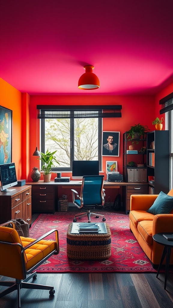A vibrant home office with bold pink and orange walls, featuring modern furniture and artwork.
