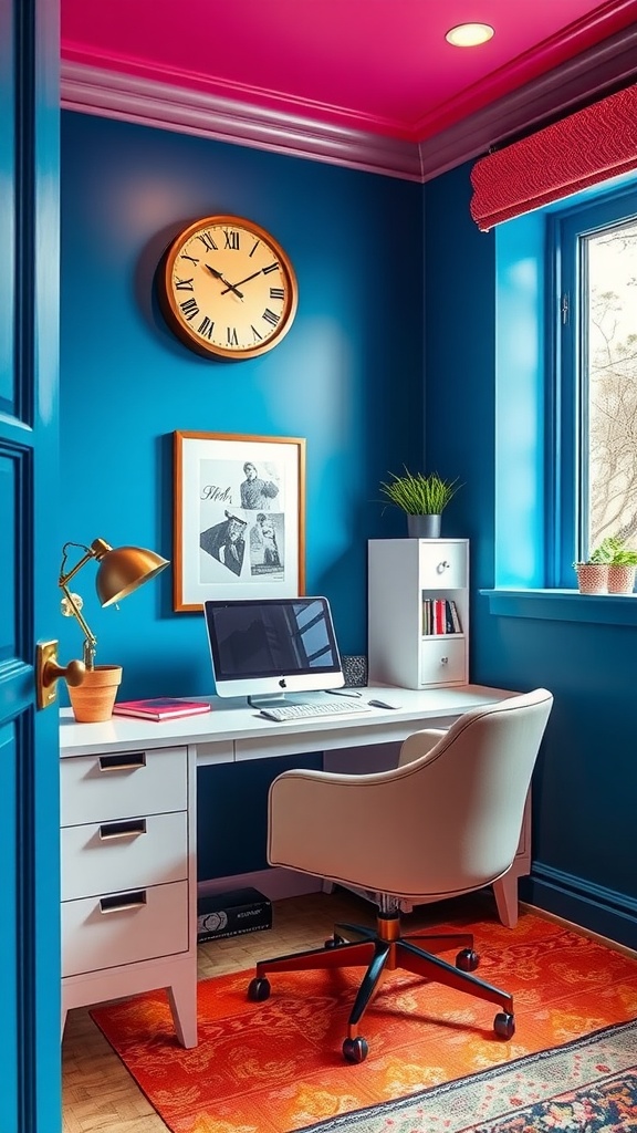 A vibrant small home office with pink walls, modern desk, and comfortable seating.