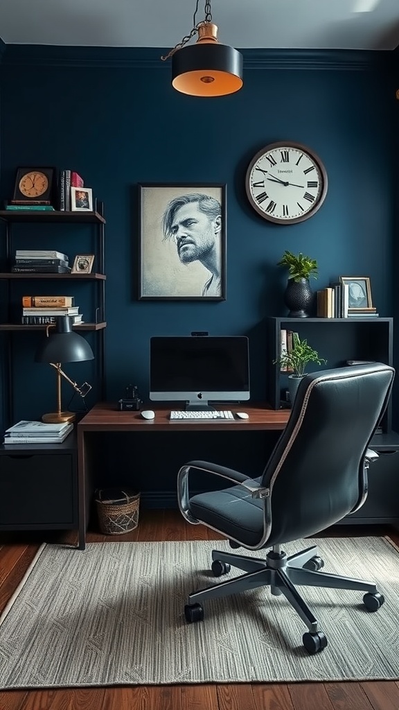 A modern man cave office featuring navy blue walls, black furniture, and stylish decor.