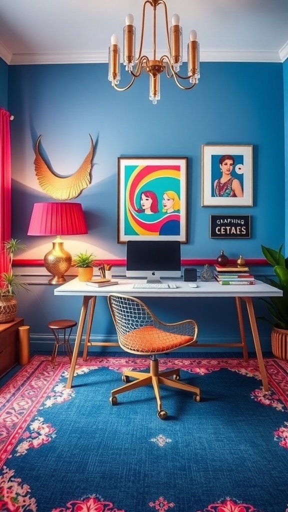 A modern home office featuring a bold color palette with navy blue and pink walls, stylish artwork, and a chic desk setup.