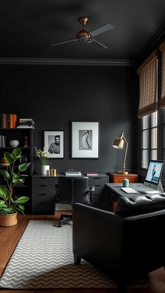 A modern masculine home office with dark walls, stylish furniture, and decorative elements.