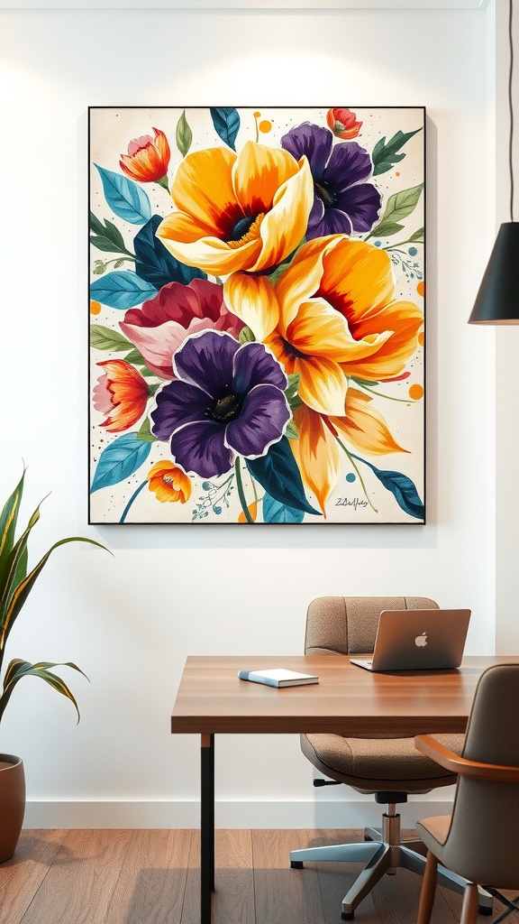 A bold floral abstract artwork featuring bright flowers in shades of yellow and purple, displayed in a modern home office setting.