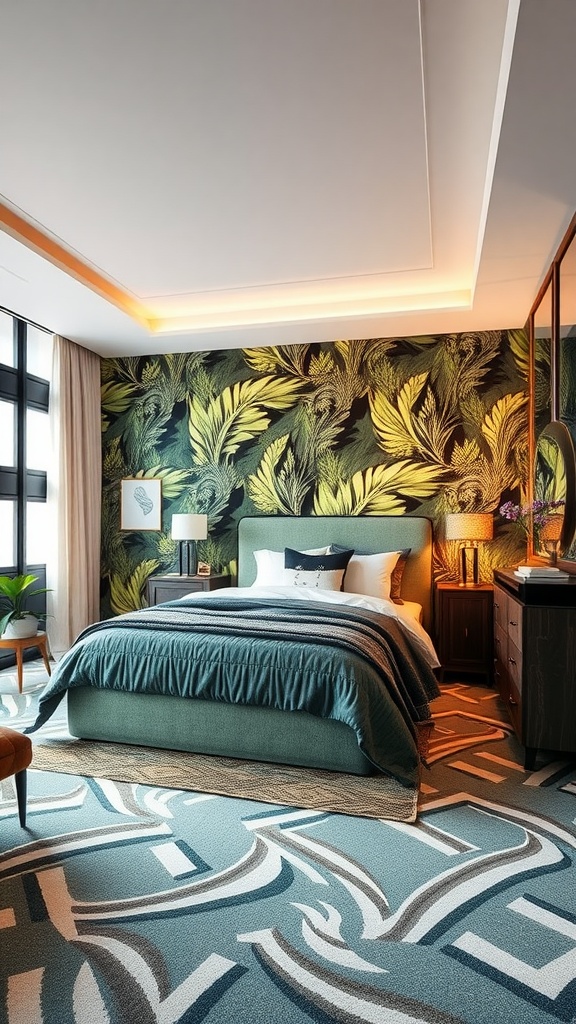 A stylish bedroom with tropical leaf wallpaper, modern bedding, and warm lighting.