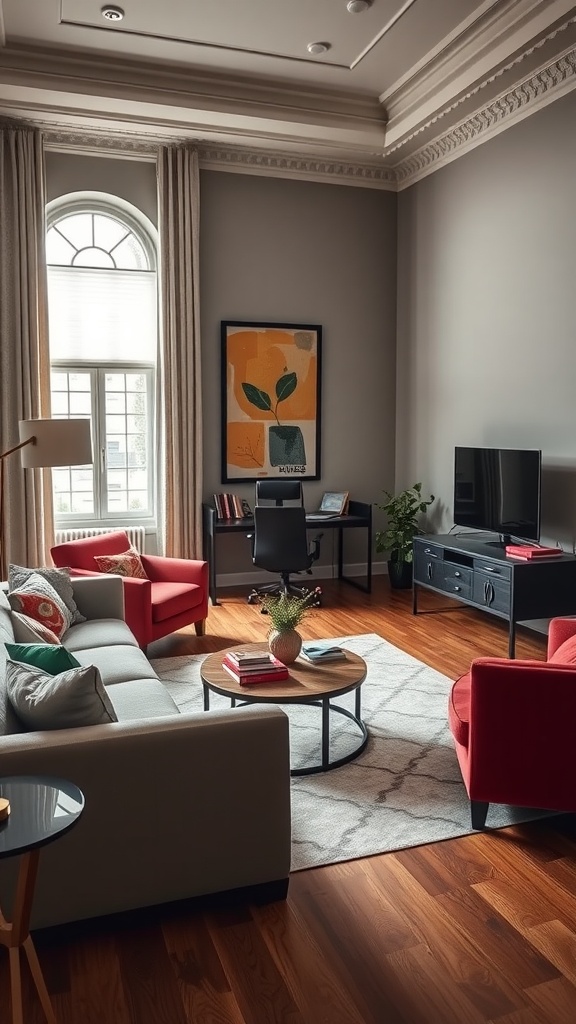 A stylish living room featuring bold red chairs, a neutral sofa, and a round coffee table, blending with a home office setup.