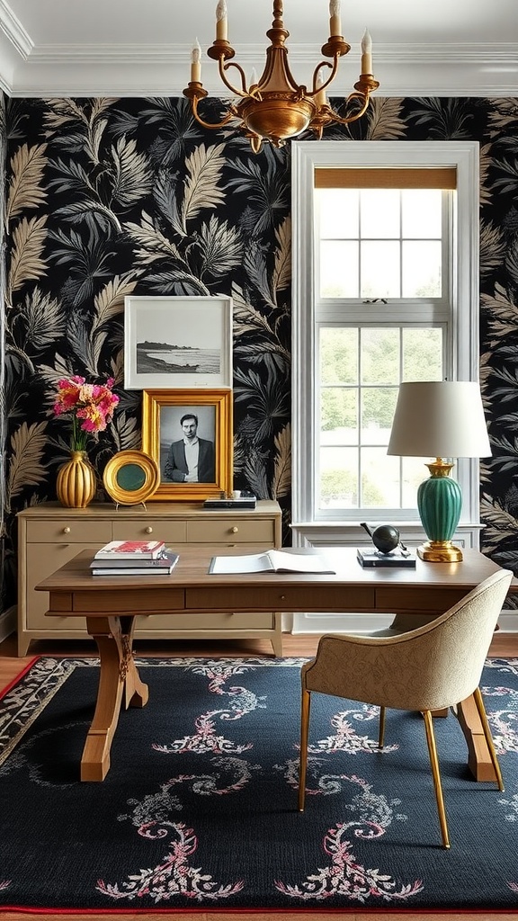 A chic home office featuring bold floral wallpaper, stylish office furniture, and a modern aesthetic.