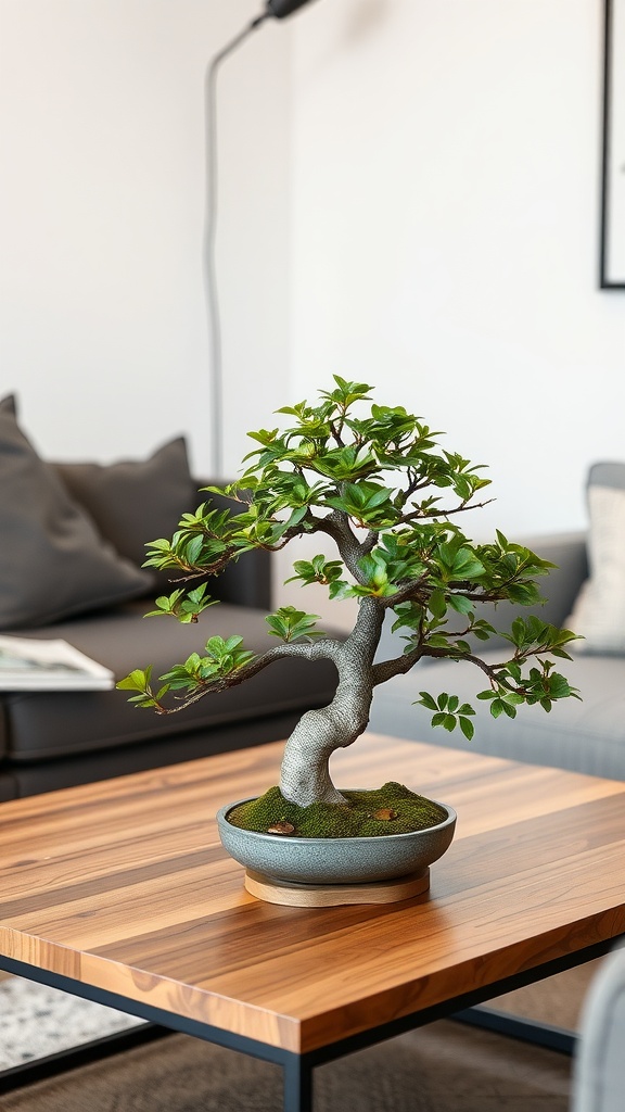 A bonsai tree displayed on a wooden table in a modern living room setting