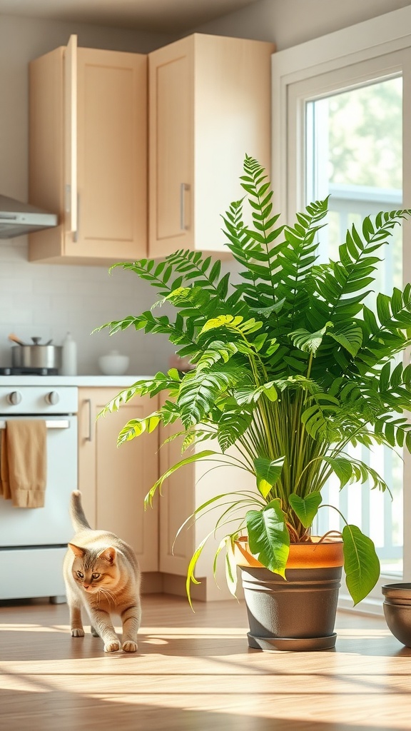 A Boston Fern in a bright kitchen with a cat walking nearby, showcasing its lush green fronds.