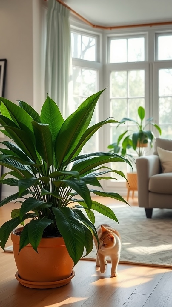 A Boston Fern in a cozy living room with a cat walking by