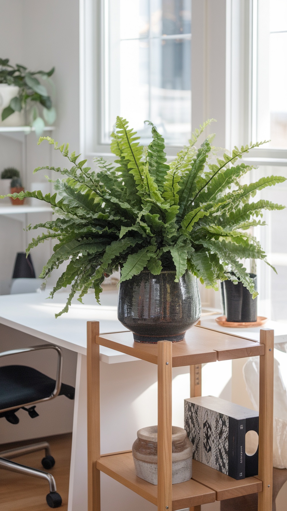 A Boston fern in a black pot placed on a wooden shelf in a bright home office setting.