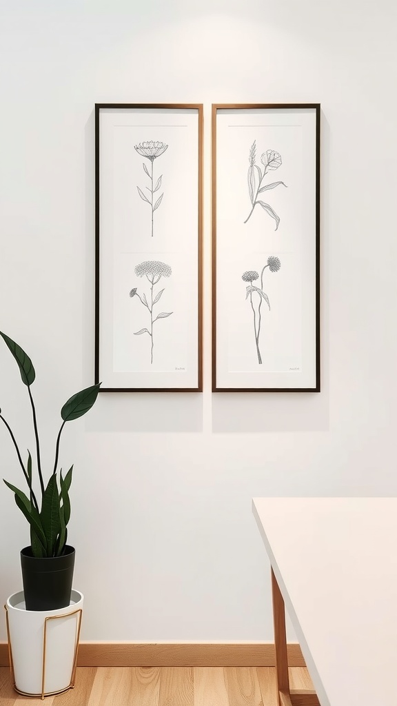 Two framed botanical line drawings on a white wall alongside a plant.
