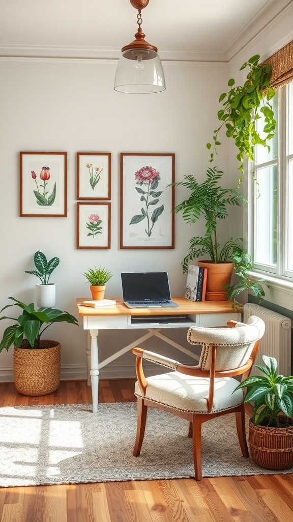 A cozy home office featuring botanical prints, a wooden desk, a comfortable chair, and various potted plants.