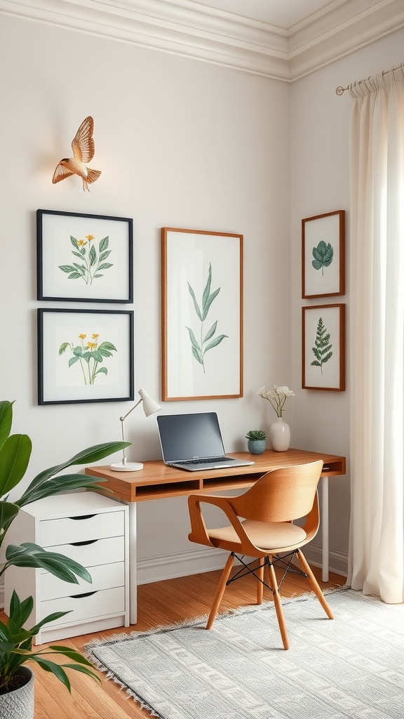 A cozy home office with botanical wall art, featuring framed plant illustrations and a wooden desk.