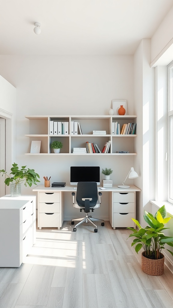 A modern minimalist office with open shelving, a desk with a computer, and plants.