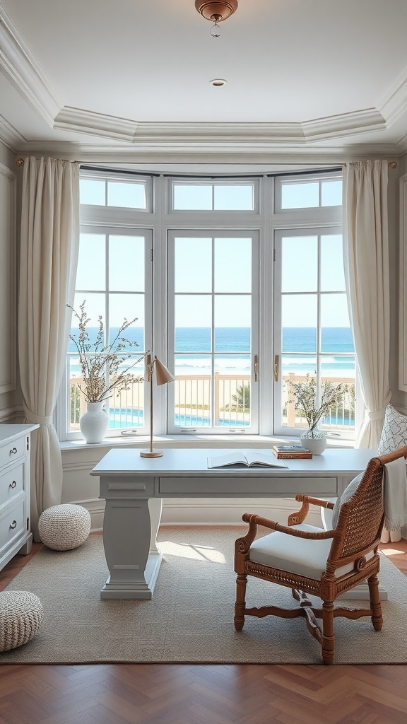 A bright coastal home office with large windows overlooking the sea, featuring a stylish desk and woven chair.