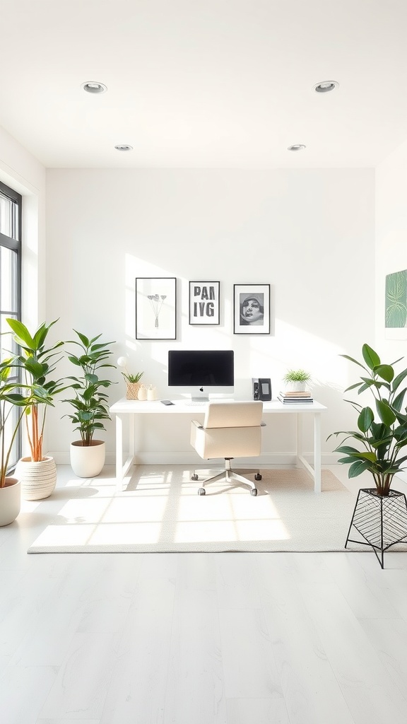 Bright and airy home office with a minimalist design, featuring light colors and plants