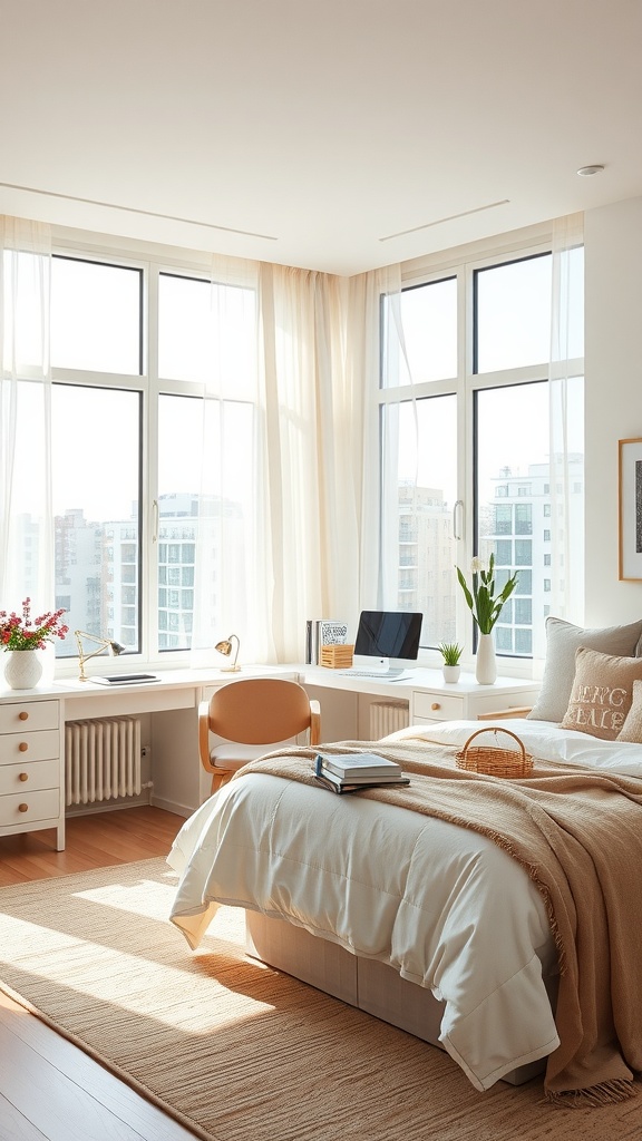 A bright and airy workspace with a wooden desk, two monitors, a chair, and plants by the window.