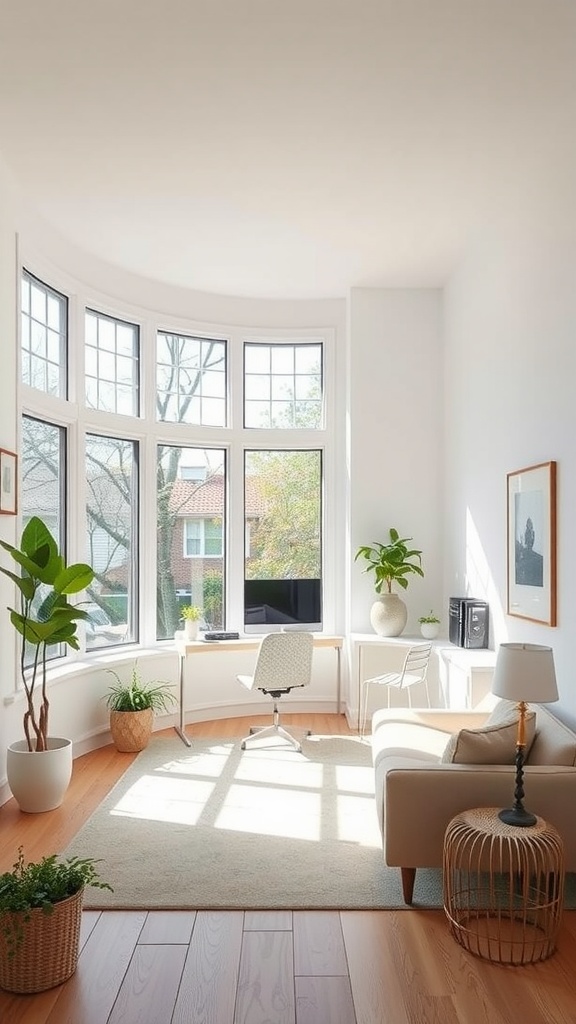 A bright and modern minimalist office with large windows, sleek furniture, and plants.
