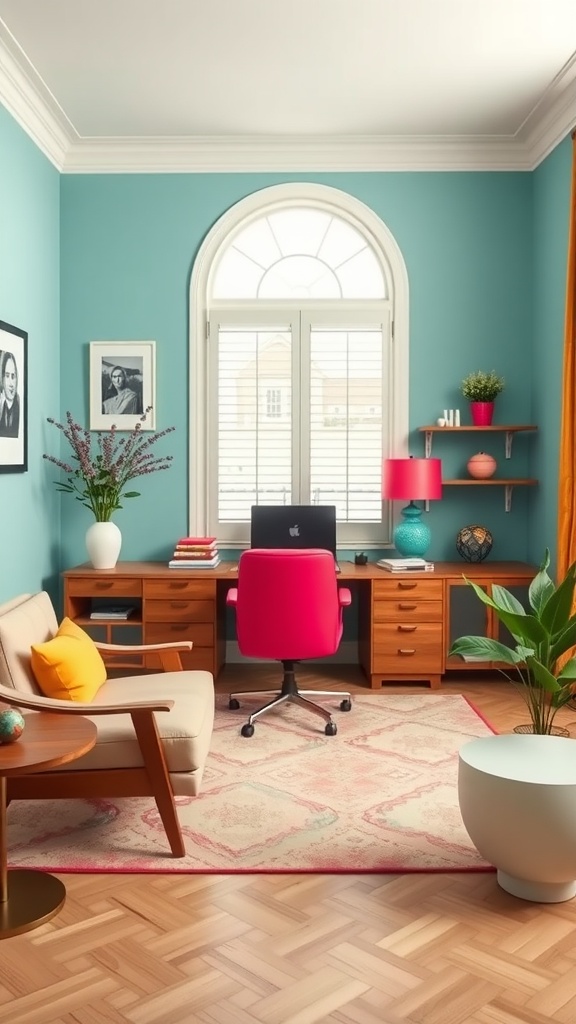 A bright and cheerful home office with teal walls, a pink office chair, and stylish decor.