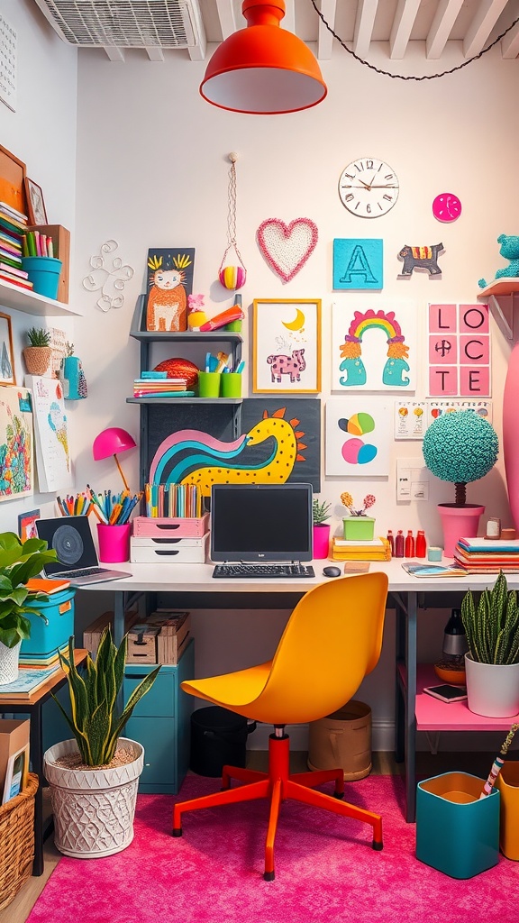 A bright and colorful home office featuring playful decor, an orange chair, and vibrant wall art.