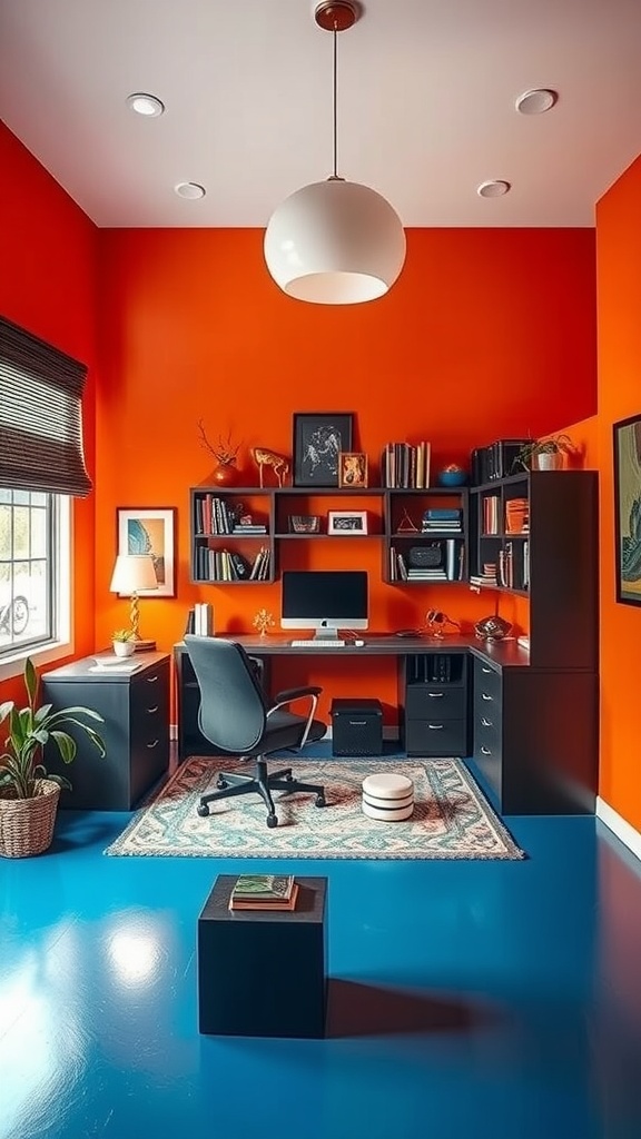 A vibrant home office with green and orange walls, a desk with an iMac, and a cozy seating area.