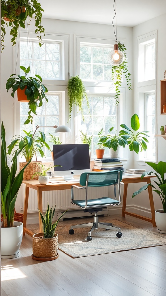 Bright home office filled with indoor plants and natural light