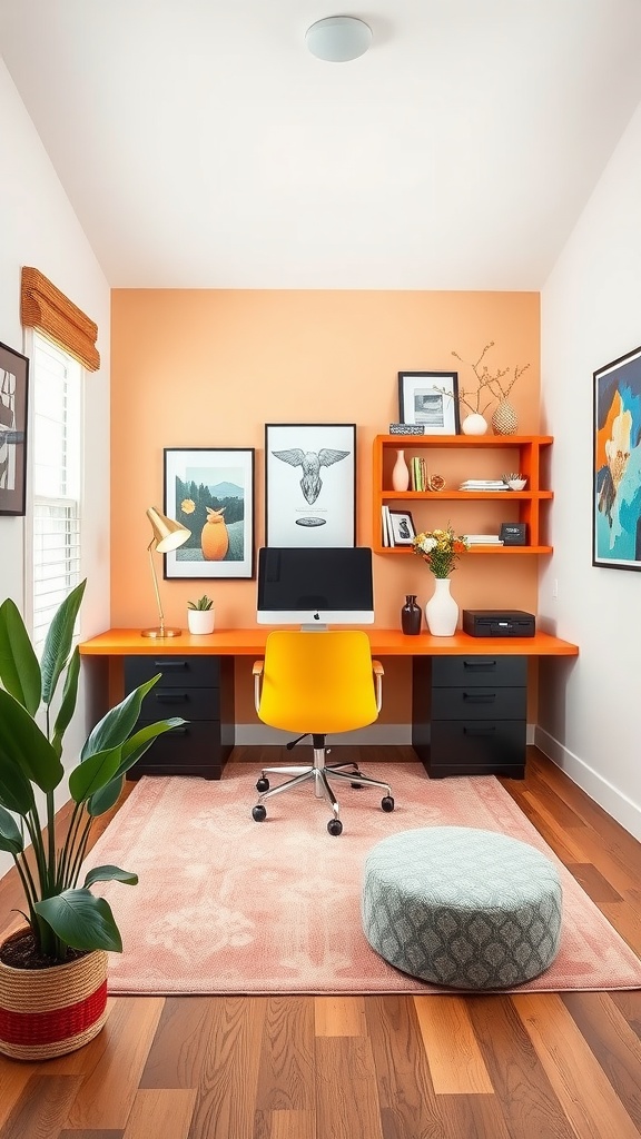 A modern masculine home office featuring a black wall, wooden desk, and vibrant green plants.