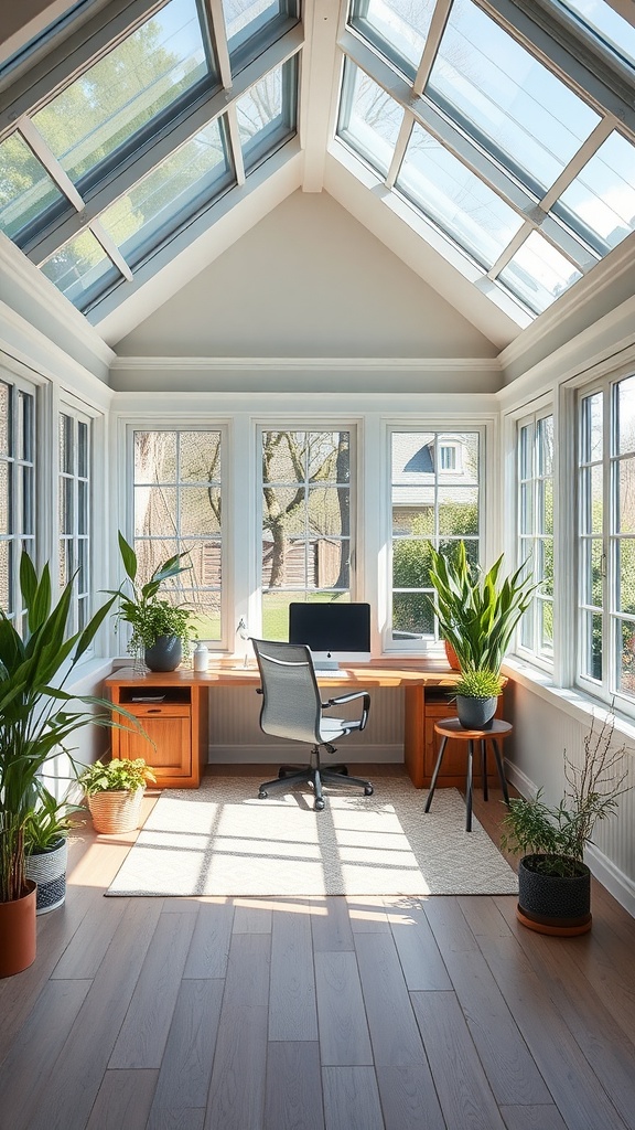 A bright and airy sunroom office with large windows, a wooden desk, a comfortable chair, and plants.