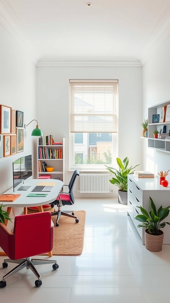 Bright home office with white walls, colorful chairs, and green plants.