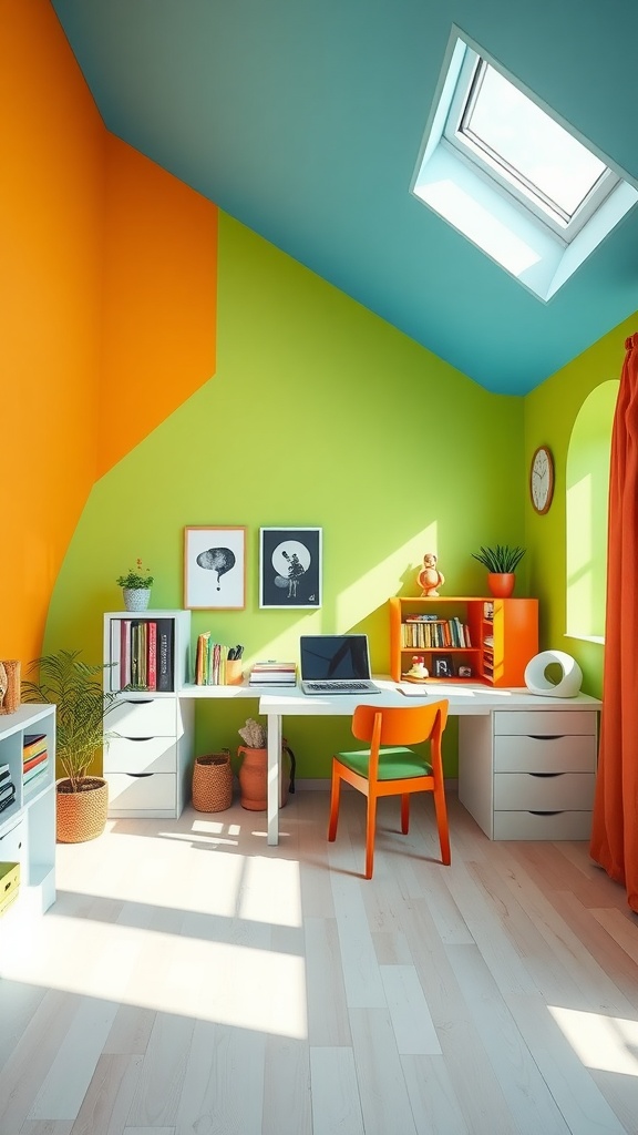 A colorful children's study area featuring orange and green walls, a white desk, and vibrant decor.
